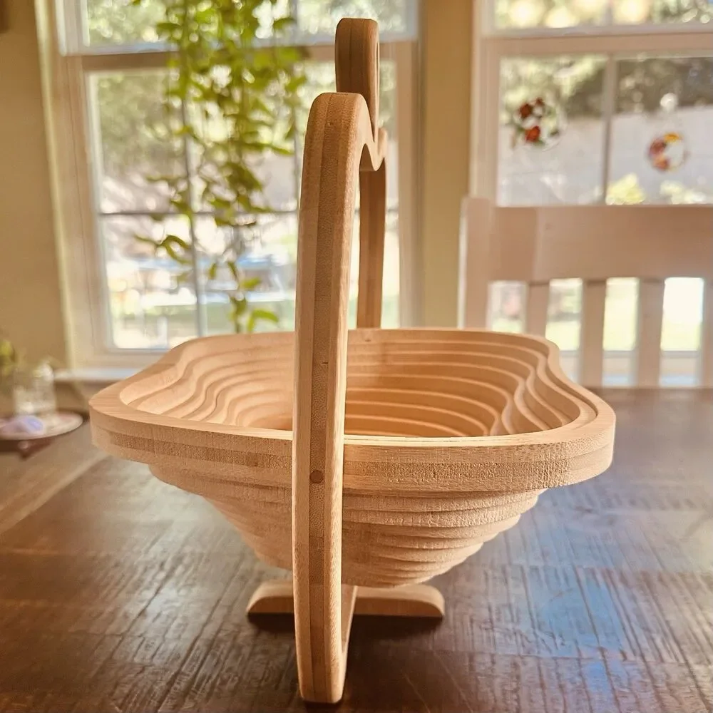 Collapsible Bamboo Fruit Basket Apple Shaped Folding Wood Bowl Trivet VTG Style